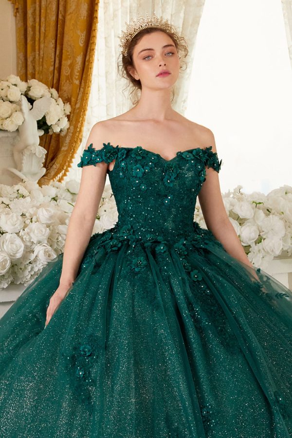 Off Shoulder Strapless Floral Sequin Open Back Long Quinceanera & Ball Dress CD15702 - Image 34