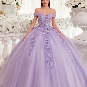 Off Shoulder 3D Floral Applique Bodice Quinceanera Long Ball Dress CD15717