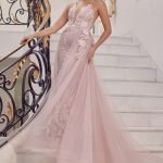 Embroidered Lace Illusion V-Neck Tulle Skirt Long Prom Dress NXF485