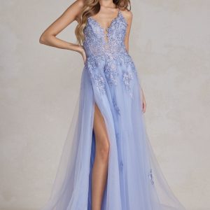 A-Line Tulle Skirt Embroidered Lace Long Prom Dress NXG1149