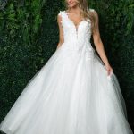Deep V-Neck Open V-Back Long Wedding Dress NXJR930