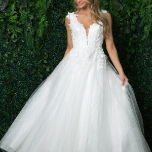 Deep V-Neck Open V-Back Long Wedding Dress NXJR930