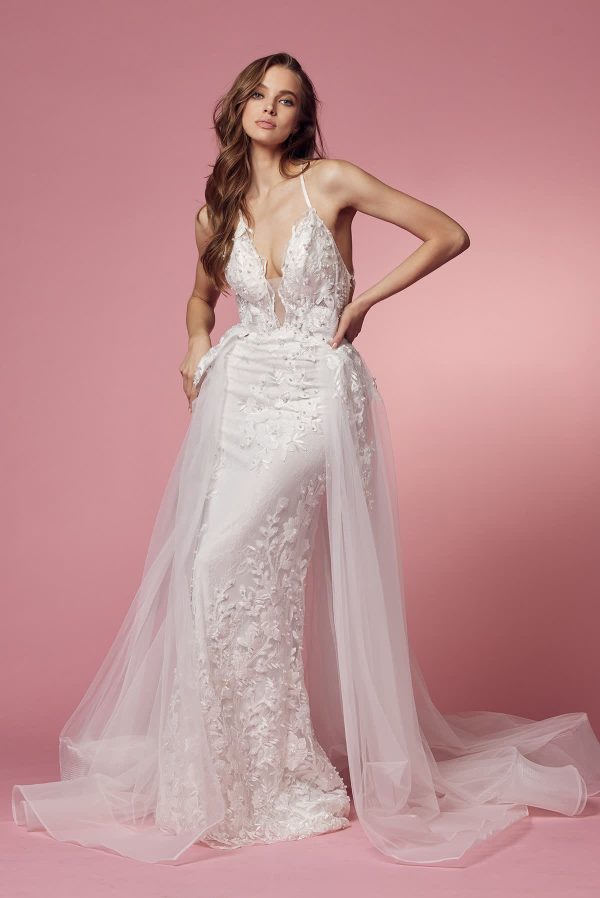Lace & Beads Embroidered Mermaid Long Wedding Dress NXF485W - Image 7