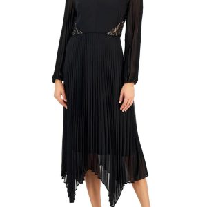 Taylor V-neck elastic cuff long sleeve lace shoulder and side detail zipper back pleated chiffon crepe dress