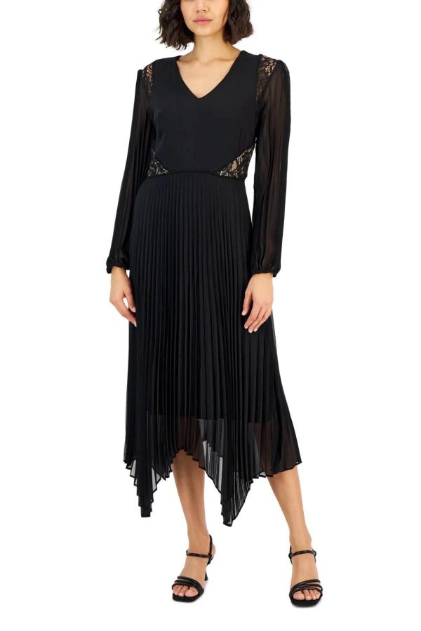 Taylor V-neck elastic cuff long sleeve lace shoulder and side detail zipper back pleated chiffon crepe dress - Image 9
