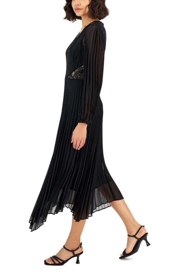 Taylor V-neck elastic cuff long sleeve lace shoulder and side detail zipper back pleated chiffon crepe dress - Image 2