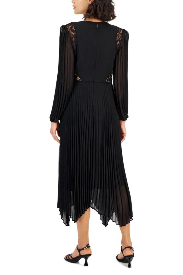 Taylor V-neck elastic cuff long sleeve lace shoulder and side detail zipper back pleated chiffon crepe dress - Image 3