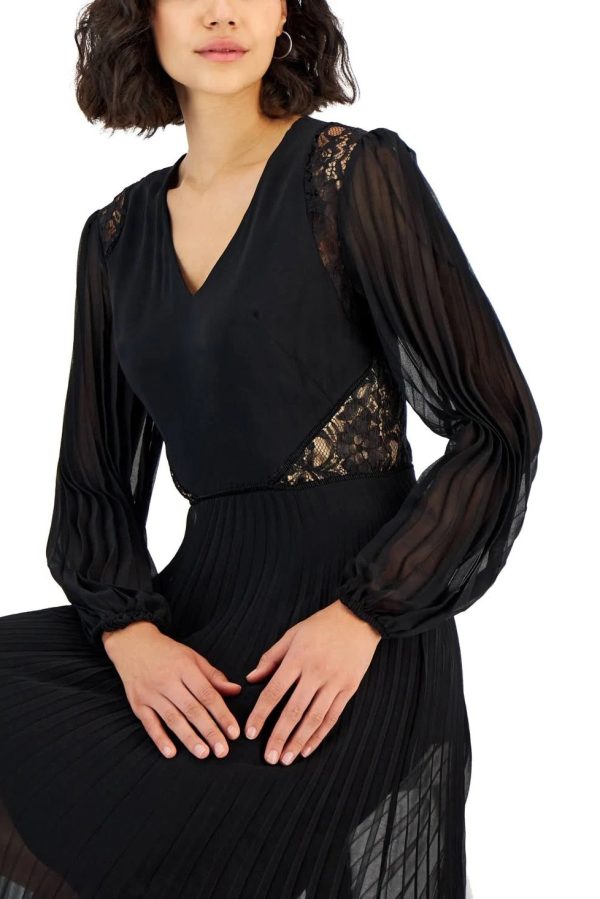 Taylor V-neck elastic cuff long sleeve lace shoulder and side detail zipper back pleated chiffon crepe dress - Image 4
