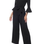 Marina Embellished Boat Neck Circular Sleeve Tie Waist Zipper Back Stretch Crepe Jumpsuit