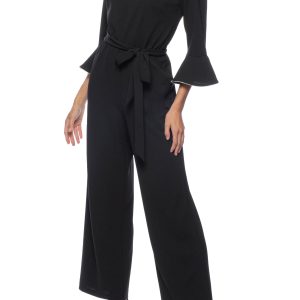 Marina Embellished Boat Neck Circular Sleeve Tie Waist Zipper Back Stretch Crepe Jumpsuit