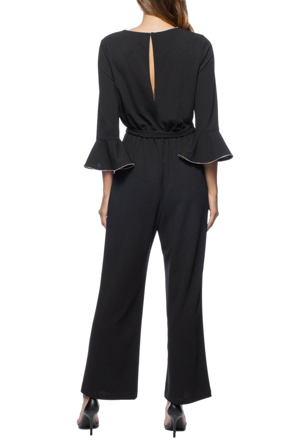 Marina Embellished Boat Neck Circular Sleeve Tie Waist Zipper Back Stretch Crepe Jumpsuit - Image 2