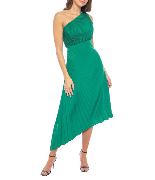 Marina One Shoulder Neck Sleeveless Side Zip Closure  Pleated Asymmetrical Hemline A-Line Dress - Image 4