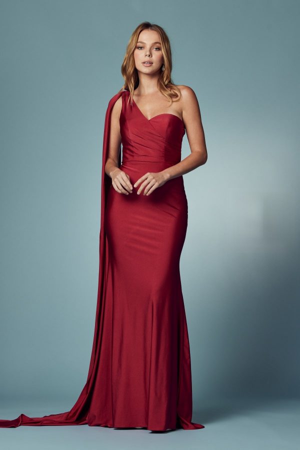 Party Cocktail One Shoulder Drape Sleeve Mermaid Long Evening Dress - Image 2