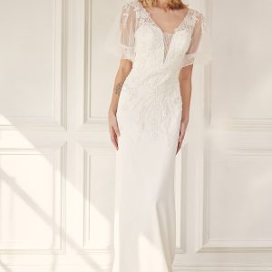 Embroidered Lace Sheer Back Tail Long Wedding Dress NXJE927