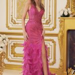 Embellished Feather Skirt V-Neck Open V-Back Side Slit Long Prom Dress NXC1119