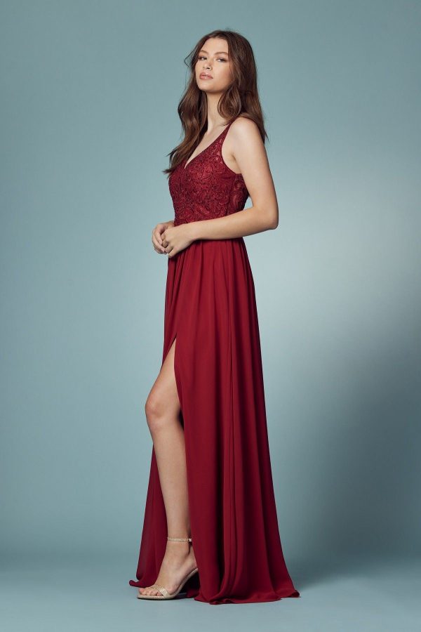 Embroidered Bodice Illusion V-Neck Side Slit Long Bridesmaid Dress NXY299 - Image 4