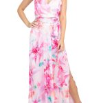Tahari ASL V-Neck Spaghetti Strap Tie Waist Zipper Back Multi Print Slit Side Satin Dress