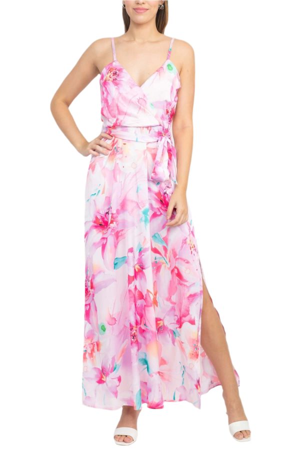 Tahari ASL V-Neck Spaghetti Strap Tie Waist Zipper Back Multi Print Slit Side Satin Dress - Image 6