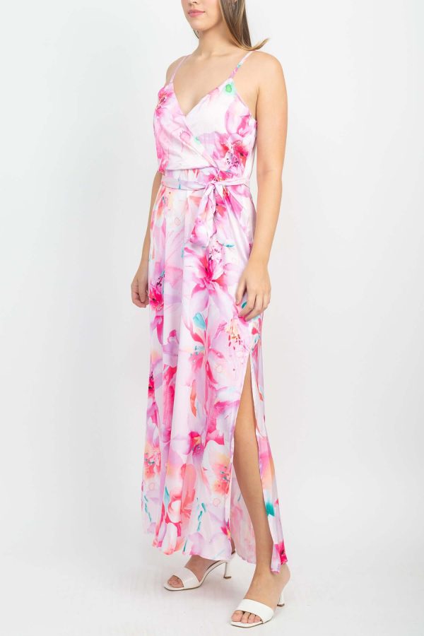 Tahari ASL V-Neck Spaghetti Strap Tie Waist Zipper Back Multi Print Slit Side Satin Dress - Image 2