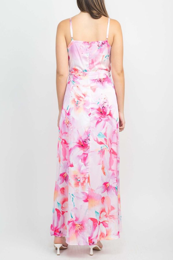 Tahari ASL V-Neck Spaghetti Strap Tie Waist Zipper Back Multi Print Slit Side Satin Dress - Image 3