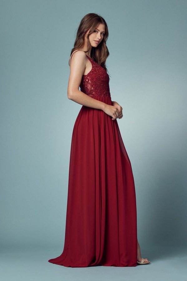 Embroidered Bodice Illusion V-Neck Side Slit Long Bridesmaid Dress NXY299 - Image 2