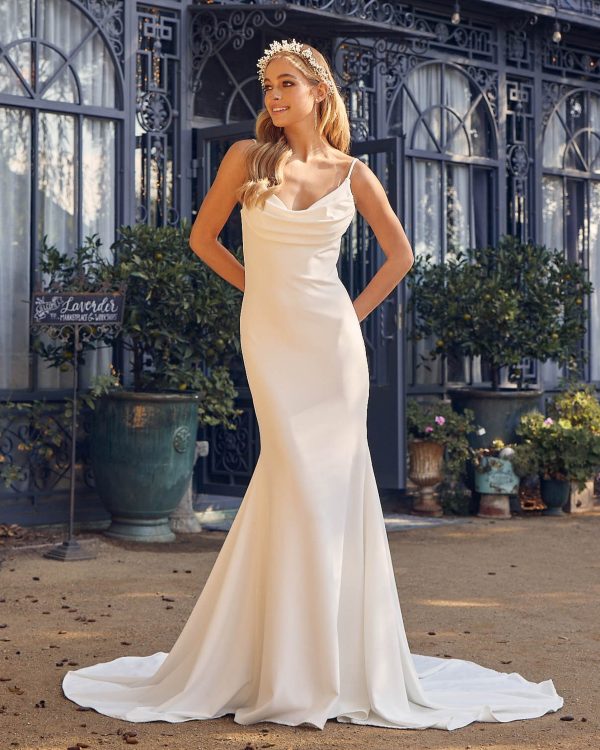 Satin Open Back Mermaid Cowl Neck Long Wedding Dress NXJE954 - Image 3