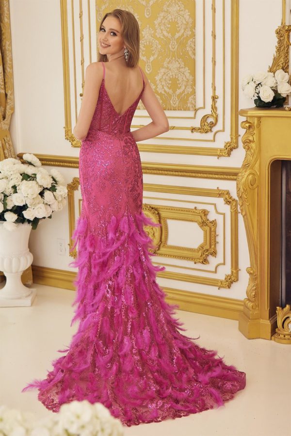 Embellished Feather Skirt V-Neck Open V-Back Side Slit Long Prom Dress NXC1119 - Image 3