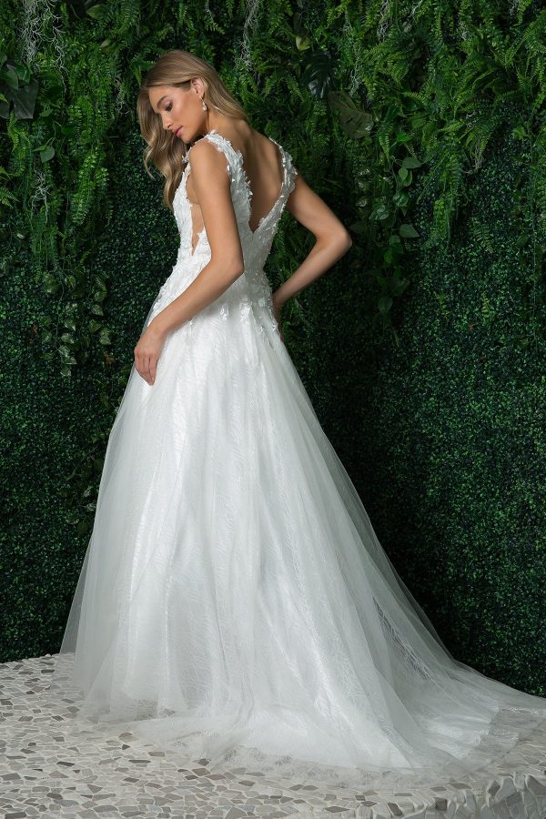 Deep V-Neck Open V-Back Long Wedding Dress NXJR930 - Image 3