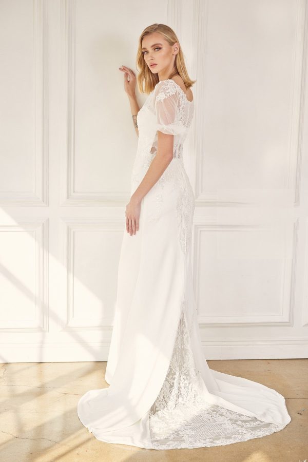 Embroidered Lace Sheer Back Tail Long Wedding Dress NXJE927 - Image 4