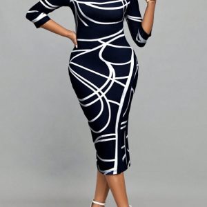 Ladies' Round Neck Printed Casual Bag Hip Dress