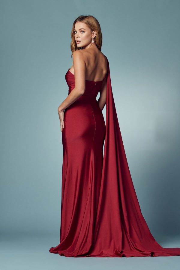 Party Cocktail One Shoulder Drape Sleeve Mermaid Long Evening Dress - Image 5