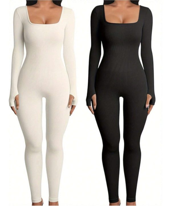 Women's Yoga Sports Fitness Jumpsuit Workout Long Sleeve Square Collar Clothing - Image 3