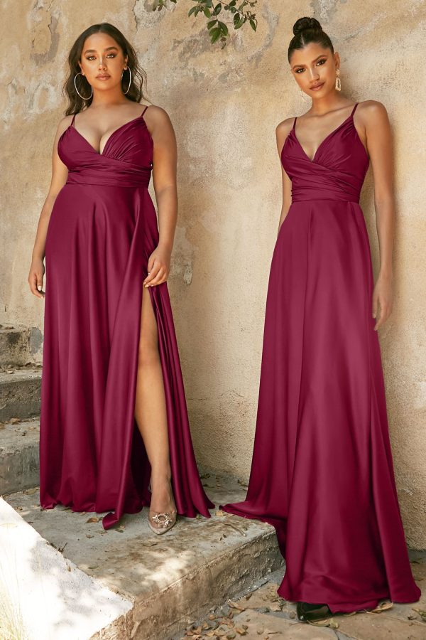 Satin A-line Deep V-Neckline Wrapped Bodice Open Back Long Prom & Bridesmaid Dress CD7485 - Image 4