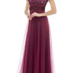 JS Collections Crew Neck Short Sleeve Embellished Bodice Ruched Waist Zipper Back Mesh Gown