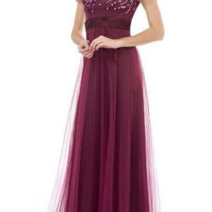 JS Collections Crew Neck Short Sleeve Embellished Bodice Ruched Waist Zipper Back Mesh Gown