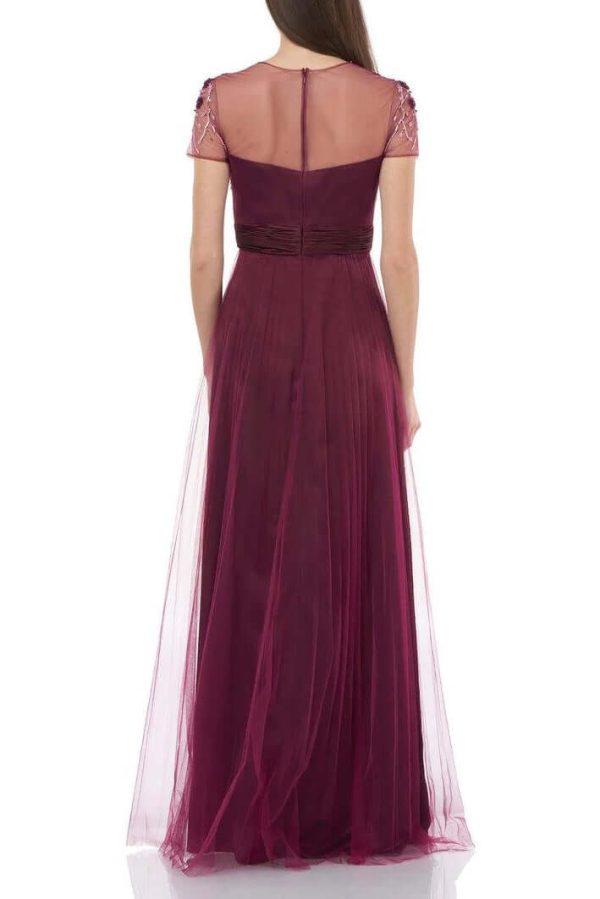 JS Collections Crew Neck Short Sleeve Embellished Bodice Ruched Waist Zipper Back Mesh Gown - Image 2