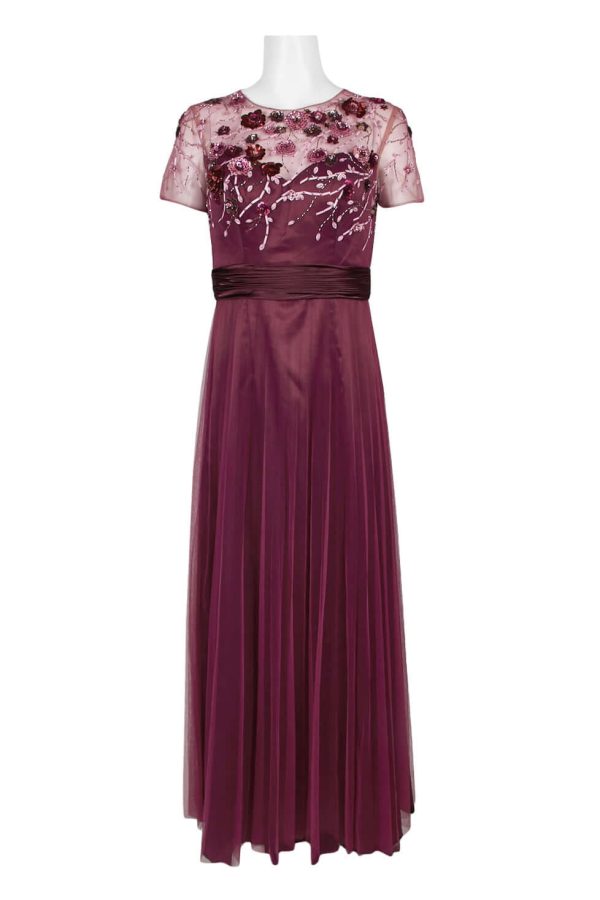 JS Collections Crew Neck Short Sleeve Embellished Bodice Ruched Waist Zipper Back Mesh Gown - Image 3