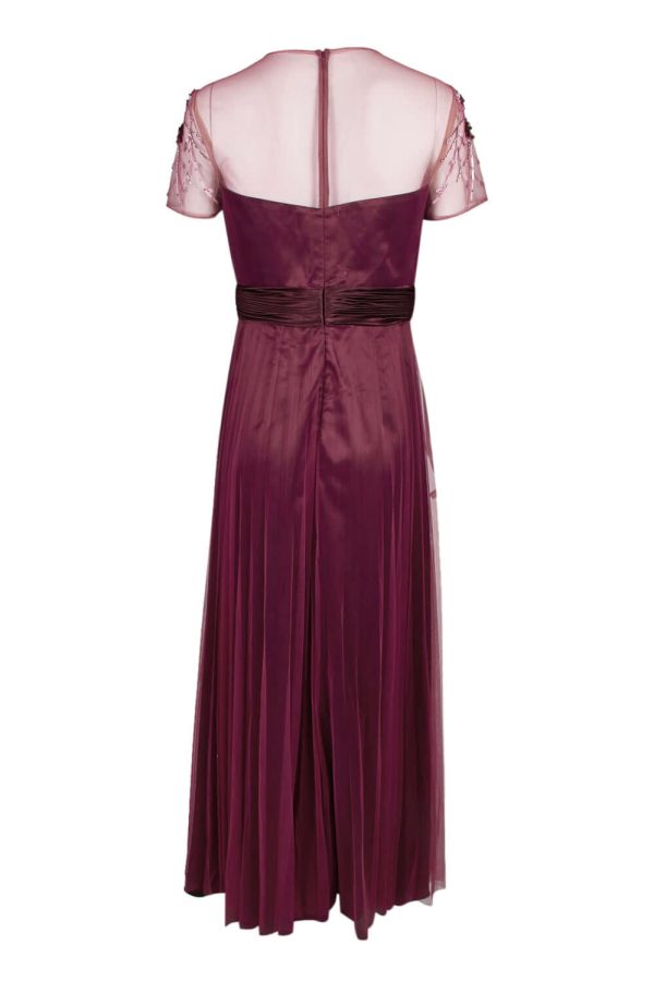 JS Collections Crew Neck Short Sleeve Embellished Bodice Ruched Waist Zipper Back Mesh Gown - Image 4