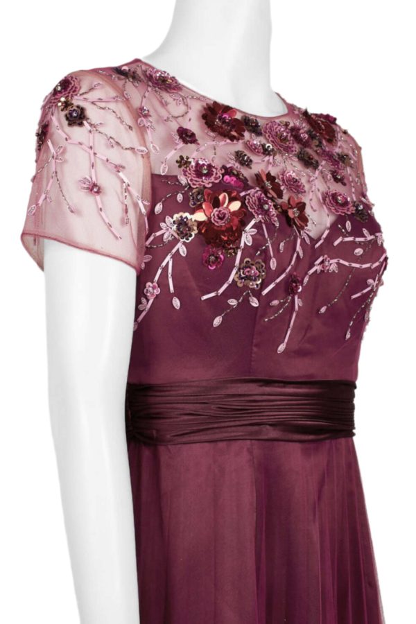 JS Collections Crew Neck Short Sleeve Embellished Bodice Ruched Waist Zipper Back Mesh Gown - Image 5