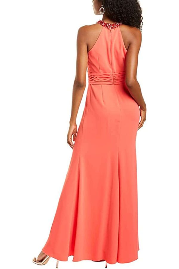 Theia Embellished Halter Neck Zipper Back Solid Crepe Gown - Image 2