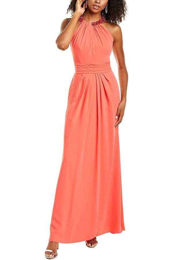 Theia Embellished Halter Neck Zipper Back Solid Crepe Gown - Image 4