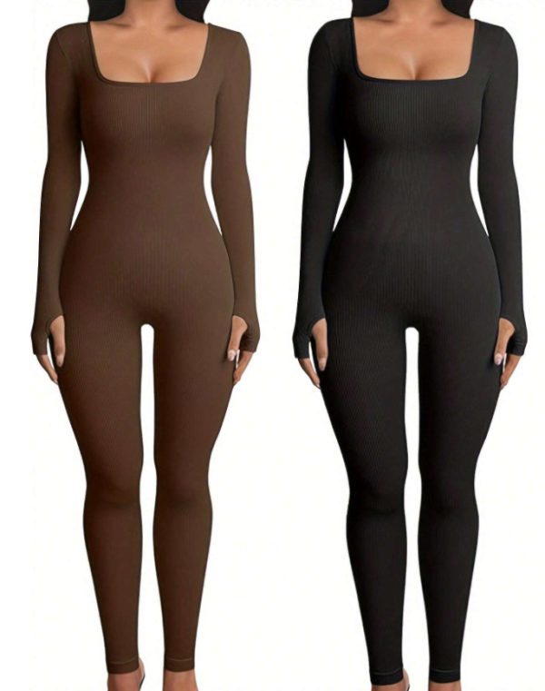 Women's Yoga Sports Fitness Jumpsuit Workout Long Sleeve Square Collar Clothing - Image 8