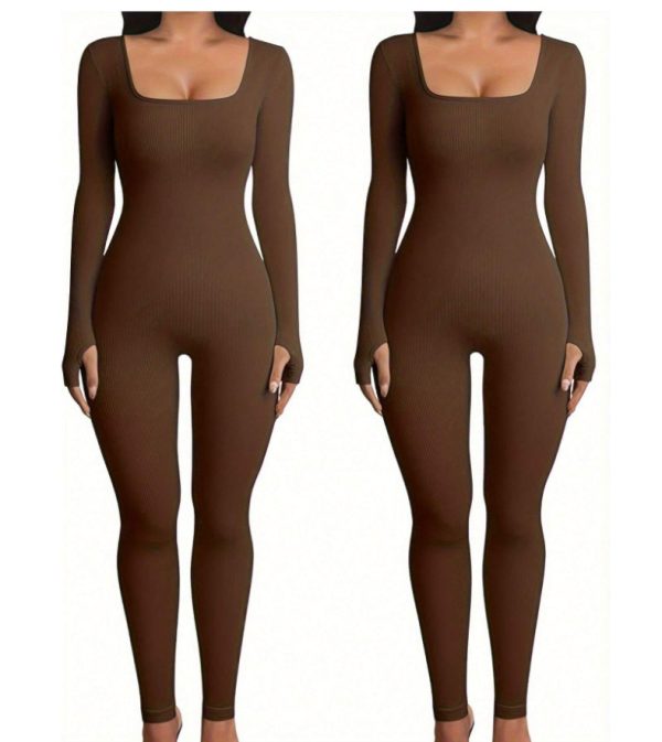 Women's Yoga Sports Fitness Jumpsuit Workout Long Sleeve Square Collar Clothing - Image 7