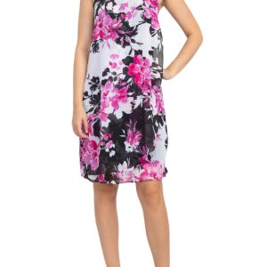 SL Fashion Halter Neck Sleeveless Floral Print Overlay Chiffon Dress