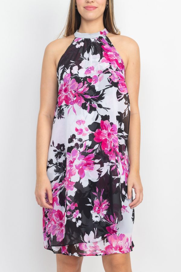 SL Fashion Halter Neck Sleeveless Floral Print Overlay Chiffon Dress - Image 2