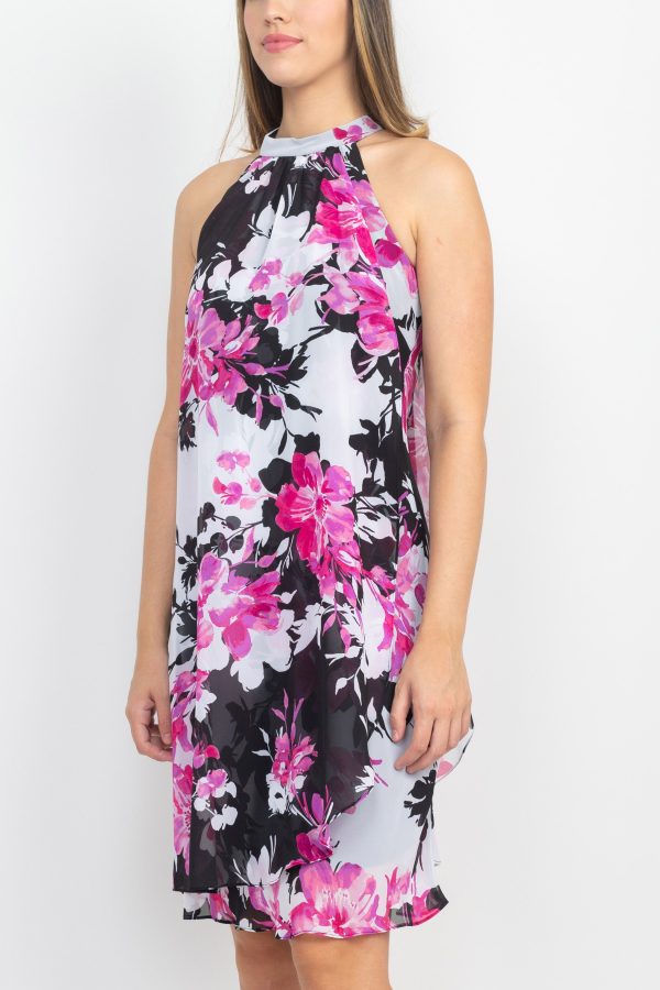 SL Fashion Halter Neck Sleeveless Floral Print Overlay Chiffon Dress - Image 3