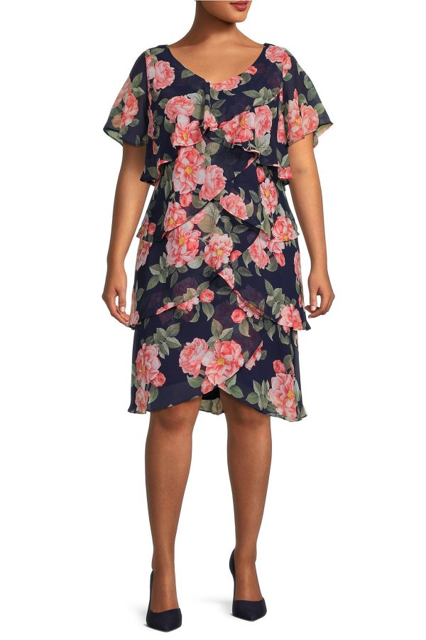 SL Fashion V-Neck Short Sleeves Ruffle Detail Short Chiffon Dress (Plus Size) - Image 3