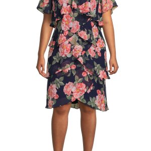 SL Fashion V-Neck Short Sleeves Ruffle Detail Short Chiffon Dress (Plus Size)