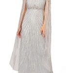 Adrianna Papell V-neck Cape Sleeve Zipper Closure Sequined Gown