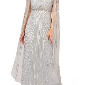Adrianna Papell V-neck Cape Sleeve Zipper Closure Sequined Gown